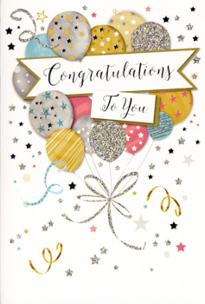 In this image, an elegant congratulations card design opens up like a quiet, joyful party, the sort you might enjoy with family and friends in a Shepperton garden. A cluster of illustrated balloons rises from the lower part of the card, forming a generous, layered bouquet that seems to float in mid-air. The balloons are painted in soft yet luxurious shades: metallic gold and silver, delicate champagne, light sky blue, tender blush pink, and gentle grey. Several are sprinkled with shimmering glitter, others carry patterns of dainty stars, and a few are dressed in fine, even stripes, giving each balloon a subtle character of its own while still feeling perfectly unified. Slim, flowing ribbons in gold and silver fall from the balloon bouquet, curling and looping as if stirred by a gentle breeze sweeping up from the Thames near Shepperton Lock. Around this central arrangement, scattered stars, petite confetti dots, and curling flourishes drift across a pale, understated background, adding movement without stealing attention from the main design. A graceful banner arcs across the middle of the balloons, like a ribbon tied through a bouquet. On it, the words Congratulations To You appear in smooth, stylish calligraphy, the lettering thoughtful and warm rather than loud. The whole colour palette feels calm yet celebratory, perfectly suited to accompany a hand-tied bouquet from Flowers Shepperton. You can almost feel the slight texture of the glitter under your fingertips and the gentle sheen of the ink catching the light. This is the kind of card chosen for moments of genuine pride and joy-exam passes, job promotions, new homes, or personal milestones-adding an extra touch of elegance to any floral gift delivered around Shepperton and its quiet, leafy streets.