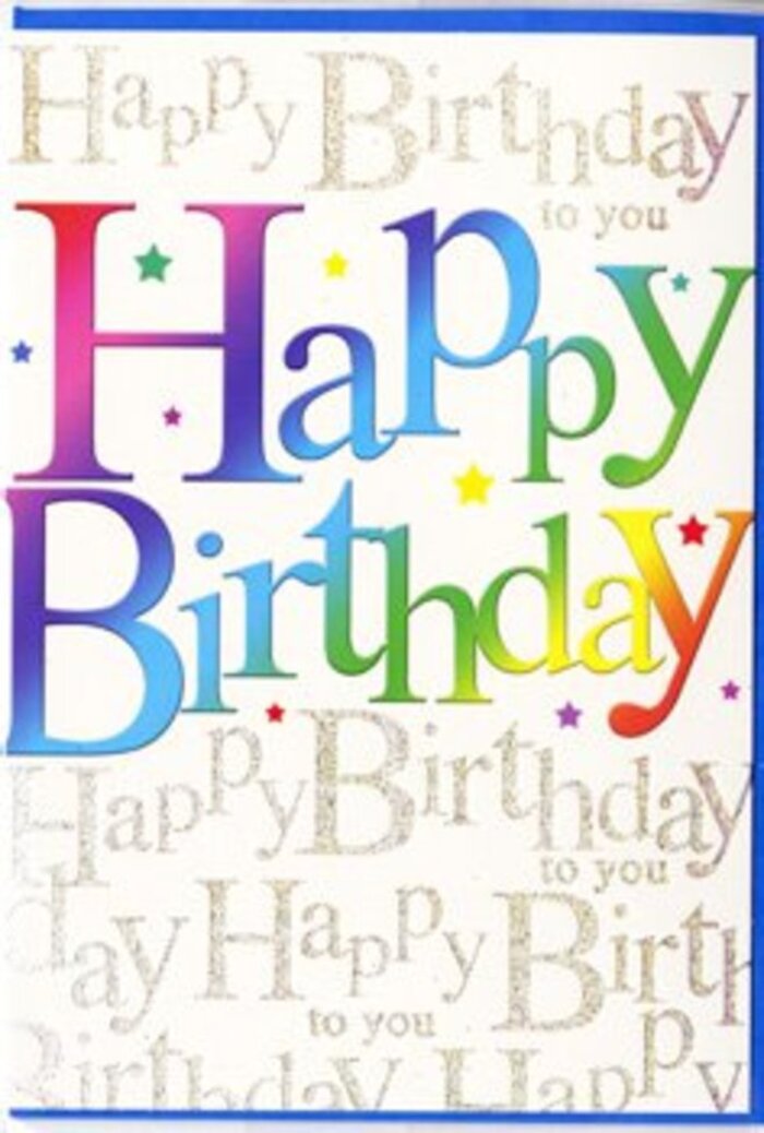 The picture focuses on a beautifully designed birthday card that seems to capture the joyful spirit of a sunny walk along the Thames in Shepperton. Centre stage is the phrase Happy Birthday, displayed in large block letters that are softly rounded and warmly inviting. Each letter is filled with a smooth, gradient wash of colour, moving seamlessly through vivid red, glowing orange, bright yellow, lively green, turquoise, deep blue and gentle violet. The colours are saturated but not harsh, giving the impression of carefully blended paints or petals arranged thoughtfully in a florist's window off Shepperton High Street. Behind this central greeting, the entire card is layered with fine golden handwriting, repeating the words Happy Birthday to you over and over in delicate, flowing cursive script. The metallic gold lines weave in and out across the background like decorative vines, catching imaginary light with a subtle, refined shimmer. Small star-shaped details and specks of coordinating colour are dotted between the letters, suggesting tiny bursts of confetti frozen in mid-air. The card stock looks smooth and of good weight, with a gentle sheen that allows both the bold rainbow lettering and the golden script to shine without glare. The overall composition feels balanced and thoughtful: bold colour at the front, intricate detail underneath, much like a bouquet where larger blooms are supported by fine greenery. It's easy to picture this card accompanying fresh flowers delivered from a local Shepperton florist to a home near Ferry Lane or Old Charlton Road, bringing with it not just a message but a visual sense of celebration and warmth.
