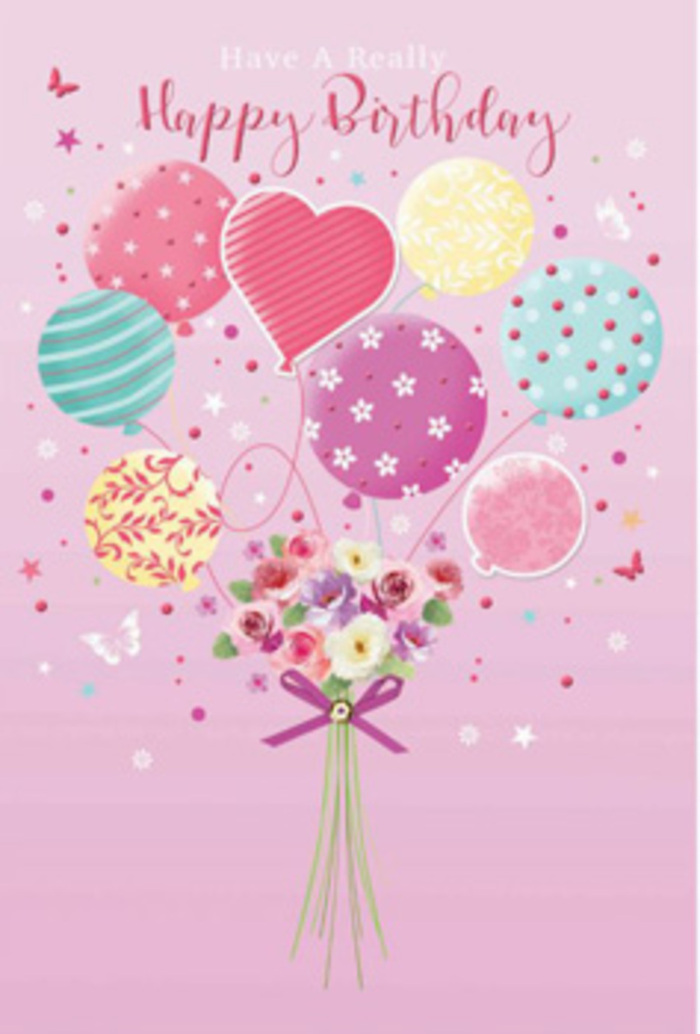 There is a gentle sense of jubilation in this birthday-themed artwork, as if a celebration from a Shepperton garden has drifted up into a pastel sky. The background is a soft pink field of colour, steady and calm, setting off the airy movement above. Rising from the centre is a radiant cluster of balloons in pastel tones-pale sunshine yellow, rosy fuchsia softened to blush, muted lavender, and cool sea green. Each balloon holds its own little story: some are wrapped in twirling stripes that spiral upwards, others are dotted with playful spots, and a few carry delicate patterned accents, reminiscent of petals or tiny confetti. Suspended beneath this floating cluster is a hand-tied bouquet, gathered with the same care you might expect from an experienced florist at Flowers Shepperton. Petite roses and daisy-like blossoms nestle together, their velvet petals shaded from creamy ivory to soft rose, as though just touched by morning light over the Thames. The imagined fragrance is light and happy, like the scent of fresh blooms carried on a breeze through Shepperton's quiet lanes. A shining purple bow secures the stems at the base, its satin loops adding a polished finish. Around the arrangement, dainty butterflies and star-like specks appear to flutter and shimmer, lending the piece a daydream quality, as if time has paused mid-celebration. The composition feels thoughtfully balanced-whimsical yet refined, cosy yet uplifting-evoking the joy of a birthday surprise delivered to someone special in Shepperton, where flowers, balloons, and heartfelt wishes all come together in one charming design.