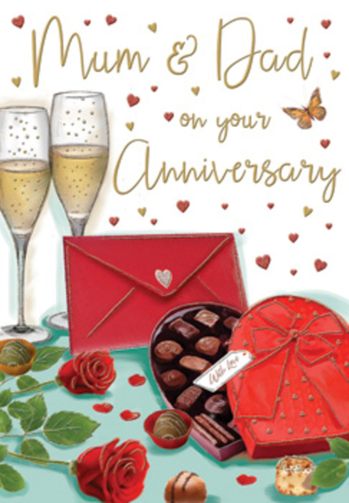 The anniversary card image offers a cosy, romantic vignette, as if a treasured moment has been carefully arranged and then captured on paper for Mum and Dad. At the centre of the composition, two slender champagne flutes stand side by side, their clear, elongated forms filled with a pale golden champagne. Tiny bubbles rise in delicate streams, giving the drink a lively, celebratory character, while gentle highlights along the rims and stems suggest a warm, inviting light source, much like the glow from a living room lamp in a Shepperton home near the village centre. Just beneath these glasses rests a pair of striking red roses, rendered in generous layers of velvety petals. The blooms are open but still full, as though they have just reached their most beautiful stage, with dark green leaves and stems peeking out to support the rich crimson colour. To one side sits a luxuriously illustrated heart-shaped box of chocolates. Its red lid, wrapped with a wide satin bow tied into soft, flowing loops, hints at both indulgence and care. The box lid is slightly open, revealing an orderly selection of chocolates nestled within, with a few individual pieces placed on the table, as if set aside to be enjoyed one at a time. In front, a bold scarlet envelope, neatly closed, hints at a handwritten message that speaks of gratitude, shared history, and affection. Above, the words Mum & Dad appear in graceful script, surrounded by scattering hearts in shades of gold and crimson that gently drift across the warm, subtly textured background. Altogether, the scene feels intimate and timeless, like an anniversary evening in Shepperton when roses, champagne, and sweet treats become symbols of a long, loving story.