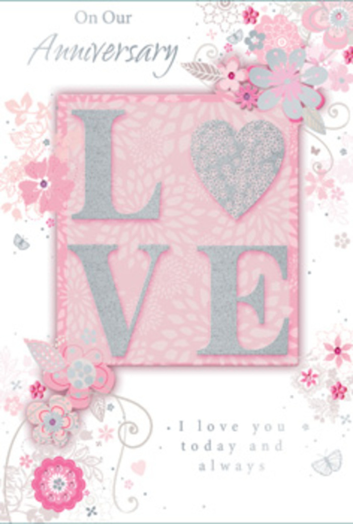 This anniversary card feels like walking into a bright, sun-warmed Shepperton living room where a fresh bouquet rests on the table, quietly honouring years of love. At the heart of the design, the word LOVE stands out in prominent, raised lettering that catches both light and touch. Each letter is finished with a frost-like glitter, textured yet refined, so a fingertip would trace the gentle ridges and sparkling surface. The colour of the letters leans towards pearly white with a soft silver sheen, and they sit on a blush-toned background that drifts from pale pink at the edges into a slightly deeper hue near the centre, giving the impression of a halo around the word. Along the borders and edges of the card, airy, hand-drawn blooms float like petals drifting down the Thames. The flowers are composed in shades of pink, lilac, and creamy ivory, their petals outlined in fine, almost calligraphic strokes that suggest the sketchbook of a florist designing an anniversary arrangement. Soft sprays of leaves, curling vines, and delicate tendrils weave between the blossoms, their slender lines enlivened by hints of silver that catch the light like dew. Here and there, tiny butterflies and scattered petals appear nestled among the florals, small details that reward a lingering look and lend a sense of quiet movement. The sentiment I love you today and always, along with a gentle anniversary message, is printed in an understated script that feels personal yet elegant, like handwriting on a love letter. Together, the subtle pastel palette, glitter, and graceful linework create a card that behaves like a hand-tied bouquet in paper form-softly radiant, deeply affectionate, and perfect for an intimate anniversary celebration in Shepperton.