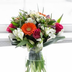 A dazzling showcase of Shepperton's floral artistry, this abundant bouquet presented in a tall glass vase exudes rich color and emotion, as if inspired by the village's vibrant High Street and gentle river views. Four prominent gerbera daisies-two glowing in fiery orange, two in soft peach-fan out from the heart of the arrangement, their round petals and deep brown centers speaking of cheerful gatherings and sunlit mornings. The drama of vivid pink and magenta roses, their petals unfurling with elegance, weaves through the bouquet, interspersed with bright white alstroemeria and delicate filler blossoms that recall the delicate beauty of riverside wildflowers. Broad aspidistra leaves create a strong, protective base, their glossy green arching around the flowers like the comforting embrace of Willoughby Park. Smaller, pointed greenery adds textural intricacy, filling spaces and enhancing the bouquet's sculpted, full silhouette. The glass vase's transparency offers a glimpse of the lush green stems within, reinforcing the arrangement's sense of freshness and organic grace. Ambient daylight washes over the scene, elevating each vibrant hue while keeping the focus on the artistry and careful curation of every bloom. This arrangement is an ideal choice for Shepperton celebrations, milestone achievements, or heartfelt acknowledgments-a true reflection of local expertise and the enduring beauty of nature.