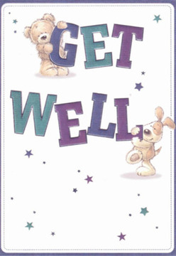 This get well card, perfect for bringing light to a Shepperton kitchen table or hospital room, is infused with an instant sense of comfort. The picture features a huggable teddy bear clutching the top of the bold word 'GET,' with a lively puppy joyfully nuzzling up to the chunky 'WELL' letters below. Their rounded forms and tender expressions communicate affection and hope-echoing the comforting embrace of a thoughtfully arranged bouquet by a local florist. The text, shaded in deep purples and shimmering teals, pops against a crisp white background that suggests the uplifting presence of fresh flowers in a sunlit Shepperton home. Whimsical stars in hues of indigo, sky blue, and lavender sprinkle magic across the composition, embodying the unique wishes sent from friends near the Thames or neighbours on Laleham Road. The fur of both bear and pup is depicted with inviting softness, conveying comfort even without a physical bouquet. Every artistic flourish in the image resonates with the nurturing spirit Shepperton is known for-a caring gesture thoughtfully designed to turn difficult moments into opportunities for healing smiles. Just as each local flower arrangement is crafted with love, so too does this card shine with intention: a token of support and positivity, delivered with heartfelt precision.