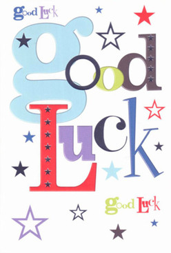 A confident, contemporary good luck card from Flowers Shepperton, thoughtfully composed for anyone starting fresh or chasing dreams in the Shepperton area. The eye immediately catches on the card's signature, oversized 'g' in tranquil baby blue, which is underscored by striking shades of bold red, vibrant purple, and soft moss green-all thoughtfully placed against a crisp white background. Scattered throughout are hand-illustrated stars, both subtle and bold: indigo, powder blue, and lavender tones offering an uplifting spark akin to the twinkle seen along the Thames on a summer evening. The variation in font styles brings energy and complexity, infusing the phrase 'Good Luck' with both playfulness and gravitas. Under gentle daylight, the card's smooth surface and quality thickness echo the tactile satisfaction of fresh Shepperton florals arranged with care. Whether sent as part of a milestone bouquet or delivered for same-day cheer along High Street, this card's vibrant visual language and sincere message make it an inspired choice for anyone facing exams, auditions, or major life changes across Shepperton's friendly neighborhoods-a little promise of hope to keep close as new adventures begin.