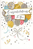 This congratulations card illustration offers a scene of soft, sparkling festivity, much like a cheerful gathering in a Shepperton living room after good news. At its centre, a generous bouquet of balloons hovers, each rounded shape layered lightly over the others to create a cloud-like cluster. The colour palette is refined and soothing: warm metallic gold and silver mingle with creamy champagne, clear sky blue, blush pink, and gentle grey. Many of the balloons are adorned with tiny star motifs or slender stripes, while others are dusted with fine glitter that suggests a gentle shimmer, like late afternoon light on the river near Shepperton Lock. From the base of the balloon cluster, graceful ribbons painted in shining gold and silver fall in rippling lines, curling and twisting as though swaying in a soft breeze coming off the Thames. Surrounding the main arrangement, petite metallic stars, dots of confetti, and airy swirls drift across a pale, almost velvety background, adding a feeling of lively movement and excitement. A softly curved banner stretches across the centre of the balloons, its ends slightly turned as if caught mid-motion. On this banner, the message Congratulations To You is rendered in elegant, flowing script that conveys both admiration and warmth. The overall design feels polished yet heartfelt, like something chosen with care to accompany a fresh bouquet delivered locally. You can imagine the smooth card surface, the faintly raised glittered sections beneath your fingertips, and the quiet joy of tucking this card between the stems of celebratory flowers after a promotion, exam success, or special achievement somewhere in Shepperton.
