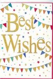 This congratulations card radiates an easy, heartfelt cheer, like the buzz of neighbours gathering for a celebration along the Shepperton riverside. Set against a crisp, white background, the central message Best Wishes is written in elegant golden script, the letters generous and flowing. The gold appears subtly glittered or foiled, catching the light in a way that suggests a soft, tactile texture, inviting you to run a finger along each curve. Embracing this message are two gentle sweeps of bunting, one above and one below, forming loose, welcoming arcs. Each small pennant is richly coloured-bright reds, ocean blues, fresh greens, sunny yellows, and hints of pink and purple-some with tiny dots, others with slim stripes or mosaic-style details, giving an impression of care and craftsmanship in each flag. Between these garlands, little star shapes and multicoloured confetti dots drift across the white space, as if lightly tossed into the air at the moment good news arrives. The card's composition balances all this playful detail with plenty of open space, keeping the design refined enough for professional congratulations yet warm enough for personal milestones. The mood is one of optimism and encouragement, ideal for marking new jobs, exam successes, new homes, or any turning point that deserves to be celebrated. Paired with a fresh bouquet delivered across Shepperton and nearby villages, this card would carry not just words, but the feeling of shared happiness and the quiet promise of support for whatever comes next.