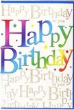 In this close-up image, a festive birthday card takes up the frame, its design alive with colour and subtle metallic detail, much like a cheerful window display in central Shepperton. The words Happy Birthday are written across the middle in big, confident letters, each one bathed in a gently shifting rainbow gradient. Deep reds fade into warm orange, which in turn softens into bright yellow; from there, the colours flow into leafy greens, seashell blues and soft purples, each shade melting smoothly into the next. The lettering has a slightly glossy look, so you can imagine it gleaming softly under indoor light. Behind this striking message, the background is entirely covered in repeated lines of Happy Birthday to you penned in fine, golden cursive. The script is delicate and looping, forming an elegant pattern that glistens subtly, like late-afternoon sun catching the river near Shepperton Lock. Tiny star motifs and colourful dots nestle between the larger letters, bringing a sense of movement and confetti-like joy without crowding the design. The overall effect is both playful and polished-a contemporary card that feels at home alongside a fresh bouquet delivered around Manygate Lane or Russell Road. The card stock appears smooth to the touch with a soft sheen, suggesting quality and care in its printing. This is the kind of birthday card that doesn't rely on pictures or characters; instead, it uses colour, typography and graceful golden script to express warmth, happiness and the simple pleasure of celebrating someone's special day.
