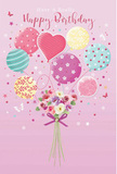 This whimsical birthday design unfolds like a picture of joy carried on the breeze through Shepperton's riverside streets. A gentle pink backdrop sets a dreamy tone, similar to the sky just before sunset along the towpath. Against this soft canvas, a cluster of pastel balloons floats upward, giving the sense that they are lifting a bouquet into a world of celebration. Each balloon shows a distinct personality: some are wrapped in candy-coloured stripes that curl like ribbons, others are sprinkled with playful polka dots, and at the centre a heart-shaped balloon seems to glow with affection. The colours blend beautifully-blush pink, sea green, buttery yellow, lilac, and soft mauve-without any harsh edges, creating an airy, cloud-like effect. Beneath this parade of colour sits a hand-tied bouquet, filled with delicate roses and anemone-style blossoms in creamy ivory, blush, and gentle mauve, their feathery petals layered like soft fabric. You can almost imagine the light, sweet fragrance rising from the flowers, as if they had just been arranged for a birthday delivery somewhere off Shepperton High Street. A violet satin bow gathers the stems neatly, its sheen catching the same subtle light that glances off the balloons. Tiny stars and butterflies are scattered around, suggesting a hint of fairy-tale magic, as though birthday wishes are floating all around the bouquet. The entire composition feels light, festive, and full of affection-a visual expression of a birthday meant to be bright, unforgettable, and lovingly marked with flowers and balloons in Shepperton.