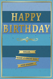 In the image, a birthday card is shown front-facing, its surface dominated by a calm yet cheery combination of blue shades and metallic gold accents. The background is made from horizontal bands of blue that run straight across the card, each stripe just a little different from the next, ranging from dark navy at the bottom to mid-ocean blues, teal notes, and a softer, sky-like blue at the top. This layered effect evokes the gentle fade of light over water near Shepperton Lock, inviting the eye to linger and travel slowly upward. Across the central area of the card, the words HAPPY BIRTHDAY are stamped in large, capital letters of embossed gold. The metallic finish is softly reflective, giving the letters a pleasant shimmer whenever the card catches the light at an angle. Beneath the main greeting lies a delicate golden flourish, an ornamental line that curls and loops in a classic motif. Below this flourish, three slim gold banners are neatly stacked one above another, each with a brief, welcoming phrase: Relax, have a great day, and enjoy! The banners are slightly raised, adding texture and casting tiny shadows. A narrow gold border runs all the way around the edge of the card, containing the composition and echoing the metallic detail at the center. The card stock appears to be of good weight, with a smooth, matte finish that contrasts gently with the shiny, embossed gold. You can easily picture this card propped beside a vase of fresh birthday flowers delivered to a home off Manygate Lane, its peaceful blues and warm highlights creating a sense of easygoing, heartfelt celebration.