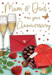 This illustrated anniversary card is composed like a little celebration scene laid out on a table, ready for Mum and Dad to enjoy in the comfort of their Shepperton home. Two elegant champagne flutes stand at the centre, their tall, slim forms filled with golden champagne. The bubbles inside are frozen mid-rise, drawn as tiny, glowing pearls that catch soft highlights, evoking the quiet excitement of a toast shared between long-time partners. Just below, a pair of rich red roses lies gently across the surface, their velvety petals unfolding in full, rounded blooms. The green leaves surrounding them provide a fresh contrast, lending the impression that the flowers were chosen with care, perhaps by a local florist such as Flowers Shepperton. To one side rests a heart-shaped box of chocolates, its bright red lid adorned with a large, flowing satin bow. The box is open, revealing rows of carefully arranged chocolates, each piece distinct and glossy, with a few scattered invitingly on the table as if already selected for sharing. A vivid scarlet envelope, closed and clean-edged, sits nearby and almost glows against the softer background shades, hinting at a handwritten note full of affection and gratitude. Above the scene, the dedication to Mum & Dad is written in expressive lettering, surrounded by floating hearts in gold and crimson that drift gently across the scene like confetti. The background itself is warm and softly lit, reminiscent of evening light reflecting off cosy walls, giving the whole design a welcoming, homely feel. Everything about the image suggests a quiet anniversary moment in Shepperton: roses, champagne, chocolates, and a love that has grown deeper with each passing year.